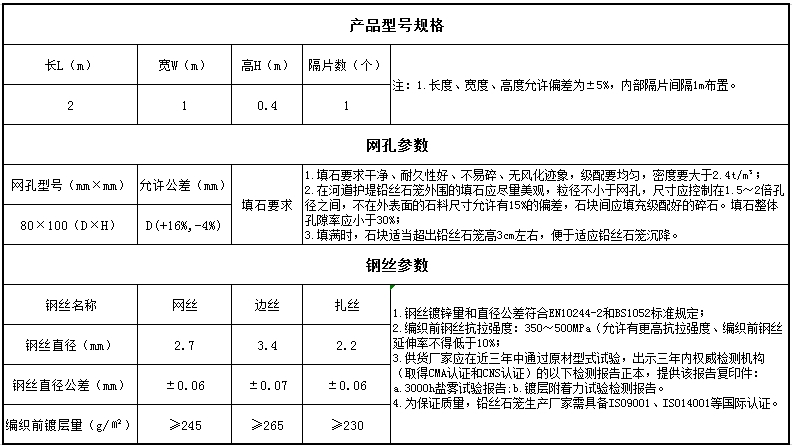 河道护堤铅丝石笼规格参数